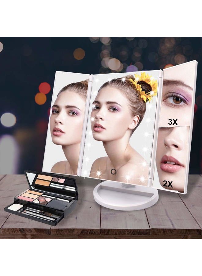WEILY Lighted Makeup Mirror, Tri-fold Vanity Mirror with 3X/2X/1X Magnification,21 Natural LED Nights and Touch Screen, Batteries and USB Power Supply Adjustable Tabletop Cosmetic Mirror (White) - Image 2