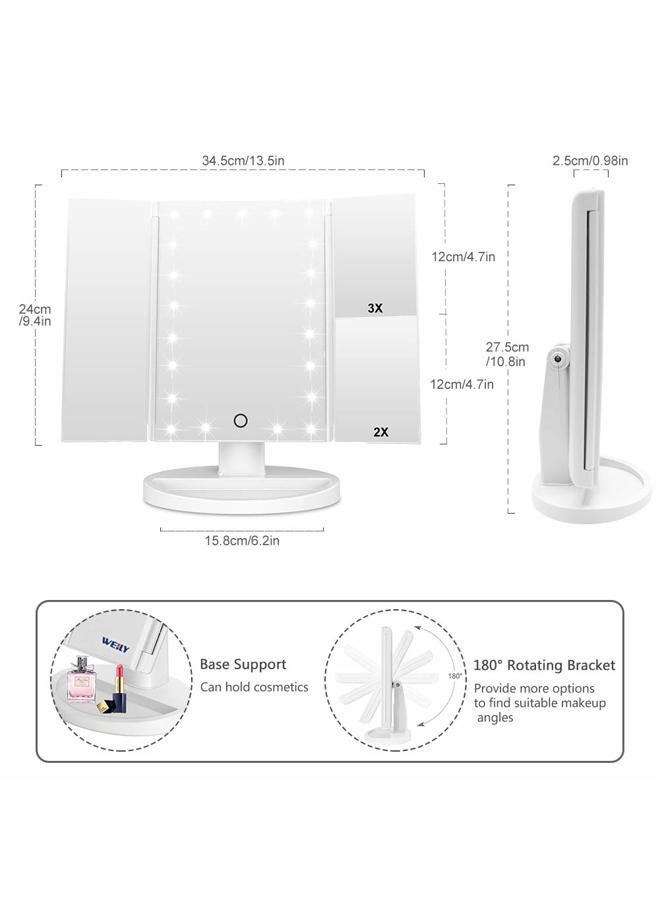 WEILY Lighted Makeup Mirror, Tri-fold Vanity Mirror with 3X/2X/1X Magnification,21 Natural LED Nights and Touch Screen, Batteries and USB Power Supply Adjustable Tabletop Cosmetic Mirror (White) - Image 4