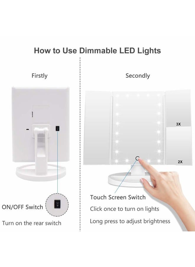WEILY Lighted Makeup Mirror, Tri-fold Vanity Mirror with 3X/2X/1X Magnification,21 Natural LED Nights and Touch Screen, Batteries and USB Power Supply Adjustable Tabletop Cosmetic Mirror (White) - Image 5