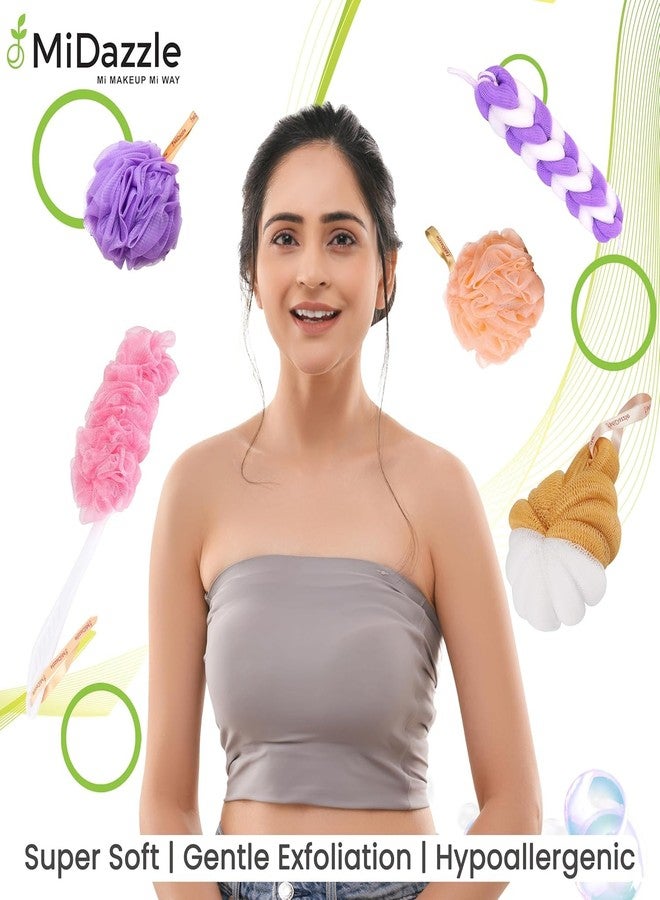 Bath Loofah Sponge, 4 Pack, Mesh Pouf, Pink Blue Beige Teal, Exfoliating Body Scrubber - Image 3
