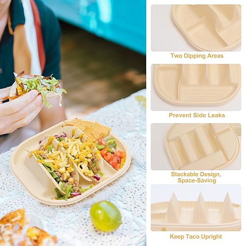 LUVCOSY 50 Pack Disposable Taco Holder With Dipping Sides, Biodegradable Cornstarch, Fits 4-6 Inch Soft or Hard Tortillas, Taco Bar Serving Set For A Party, Microwave Safe - Image 5