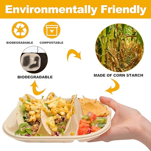 LUVCOSY 50 Pack Disposable Taco Holder With Dipping Sides, Biodegradable Cornstarch, Fits 4-6 Inch Soft or Hard Tortillas, Taco Bar Serving Set For A Party, Microwave Safe - Image 4