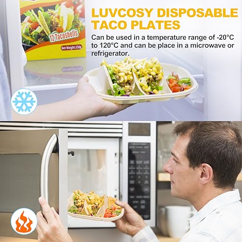 LUVCOSY 50 Pack Disposable Taco Holder With Dipping Sides, Biodegradable Cornstarch, Fits 4-6 Inch Soft or Hard Tortillas, Taco Bar Serving Set For A Party, Microwave Safe - Image 3