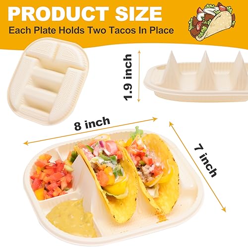 LUVCOSY 50 Pack Disposable Taco Holder With Dipping Sides, Biodegradable Cornstarch, Fits 4-6 Inch Soft or Hard Tortillas, Taco Bar Serving Set For A Party, Microwave Safe - Image 2