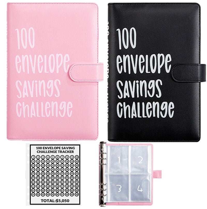 UOCLERY 2PCS 100 Envelopes Money Saving Challenge, Envelopes Challenge Binder, Achieving Financial Goals with a Budget Binder and Cash Envelopes, Successfully Reach Your Savings Goals of $5,050 (Pink+Black) - Image 1
