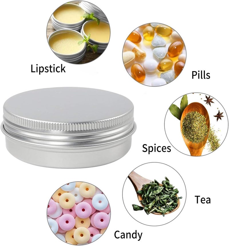 STORE 2508 12 Pcs Small Aluminium Tin Cans, Silver Round Tin Box Containers with Screw Lid, Empty Metal Travel Container Tin Jars for Make Up, Candles, Jewellery 7x2.5 Cm (Silver 12 Pcs) - Image 2