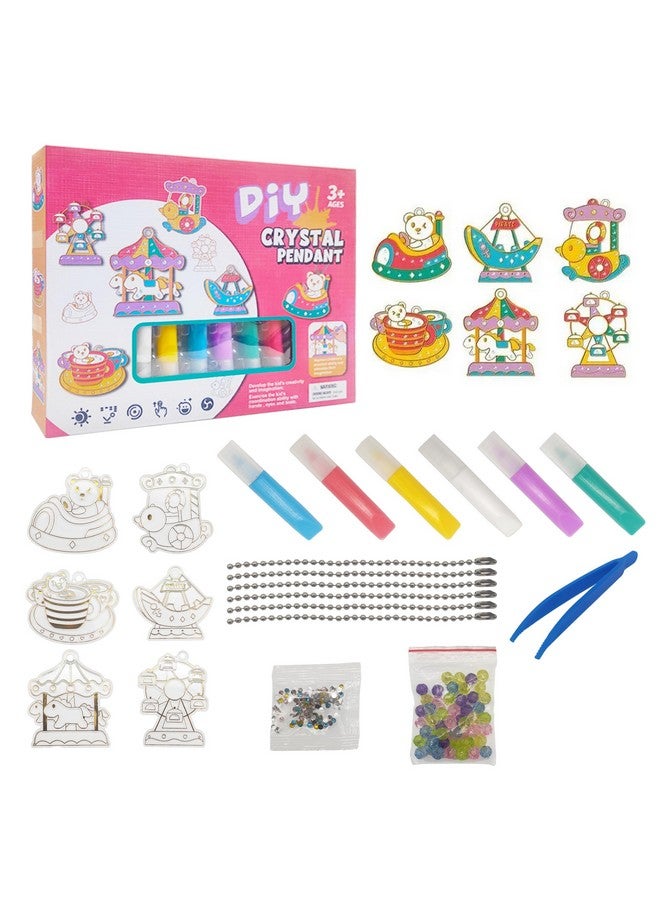 VGRASSP DIY Crystal Paint Art & Craft Set Toy for Kids, Window Art Suncatcher Kit with 6 Color, 6 Pendants, Color Diamonds, 6 Chains, Normal Beads, Picker Tool - Random Design - Image 1
