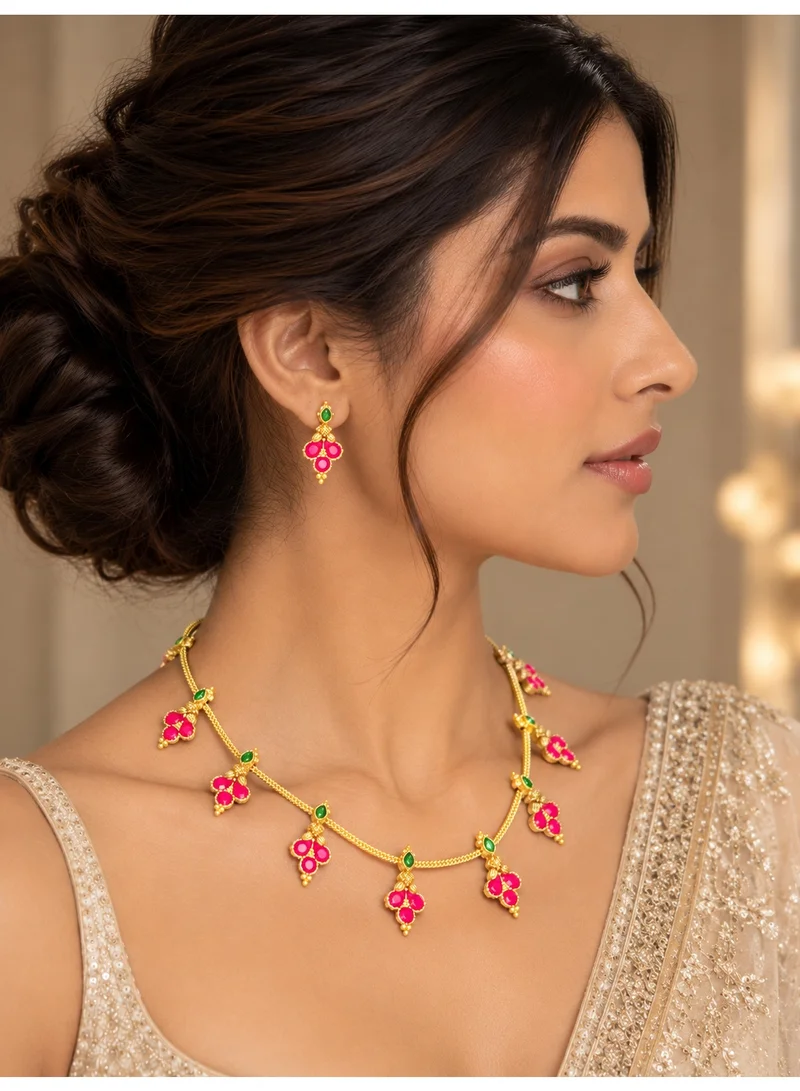 Lehar Pink Stone Cluster Charm Necklace Set - Gold Tone Indian Minimal Jewelry