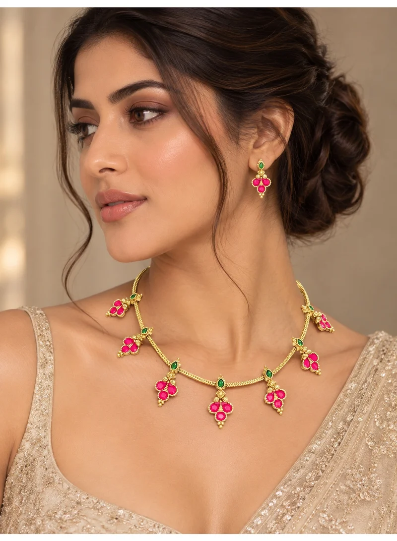 Lehar Pink Stone Cluster Charm Necklace Set - Gold Tone Indian Minimal Jewelry