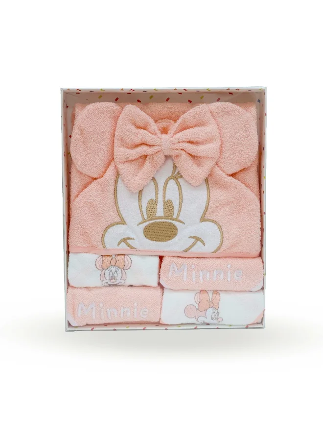 ديزني Disney Minnie Mouse 5-Piece Baby Hooded Towel Gift Set – 100% Cotton Terry 320 GSM, Hooded Towel & 4 Embroidered Washcloths, Gift Box Packaging
