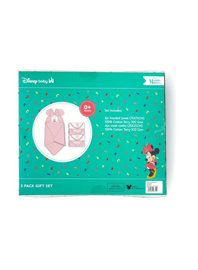 ديزني Disney Minnie Mouse 5-Piece Baby Hooded Towel Gift Set – 100% Cotton Terry 320 GSM, Hooded Towel & 4 Embroidered Washcloths, Gift Box Packaging