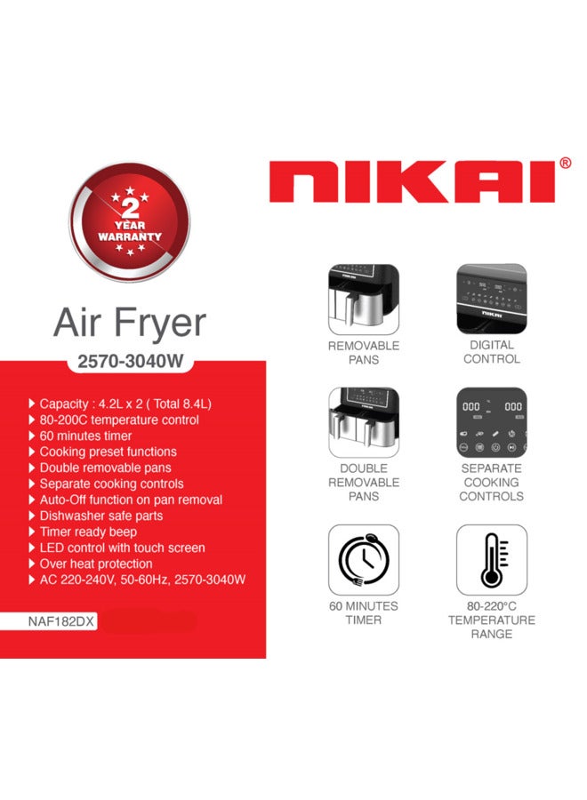 Nikai 8.4 Liter Digital Air Fryer, Double Removable Pans, With Separate Cooking Controls, 60 mins. Timer, Auto-Off on Pan Removable, 2570-3040 Watts, 8.4L(4.2*2) NAF182DX 8.4 L 3040 W NAF182DX Black - Image 3