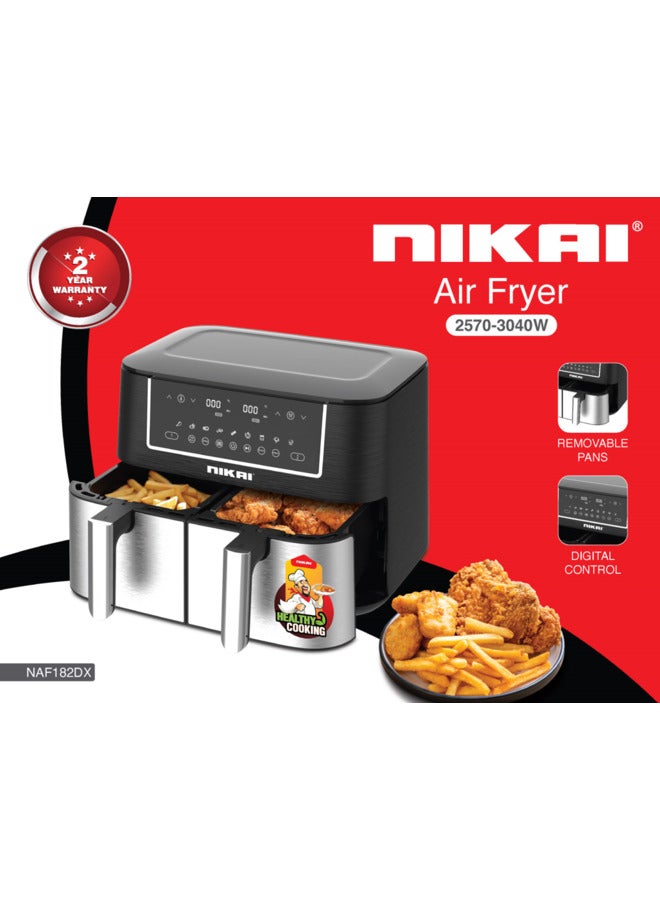 Nikai 8.4 Liter Digital Air Fryer, Double Removable Pans, With Separate Cooking Controls, 60 mins. Timer, Auto-Off on Pan Removable, 2570-3040 Watts, 8.4L(4.2*2) NAF182DX 8.4 L 3040 W NAF182DX Black - Image 2