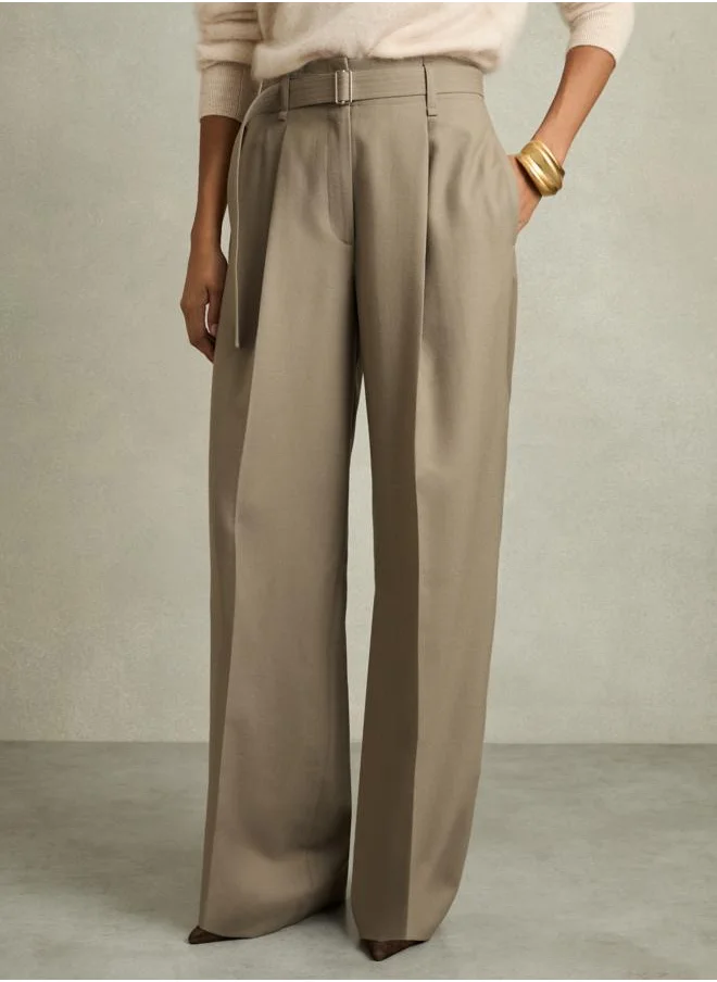 REISS Wool Belted Wide Leg Trouser