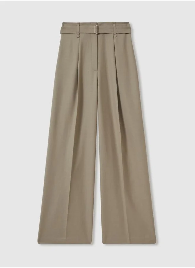 REISS Wool Belted Wide Leg Trouser