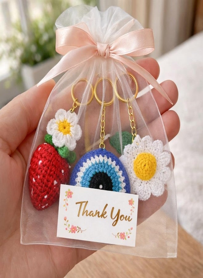 craftelio Handmade Crochet Keychain Combo Set of 3 Strawberry Daisy Evil Eye Charm with Golden Ring Bag Charm for Women Girls - Image 2