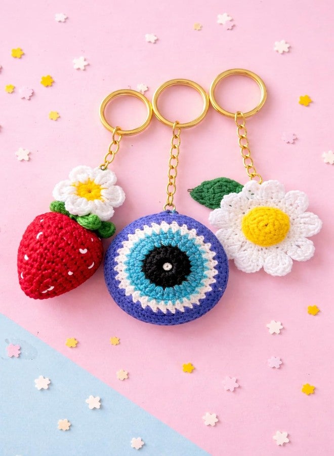 craftelio Handmade Crochet Keychain Combo Set of 3 Strawberry Daisy Evil Eye Charm with Golden Ring Bag Charm for Women Girls - Image 3