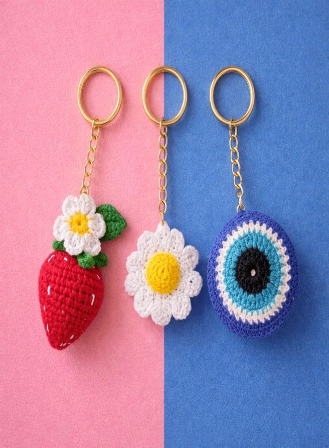 craftelio Handmade Crochet Keychain Combo Set of 3 Strawberry Daisy Evil Eye Charm with Golden Ring Bag Charm for Women Girls - Image 4