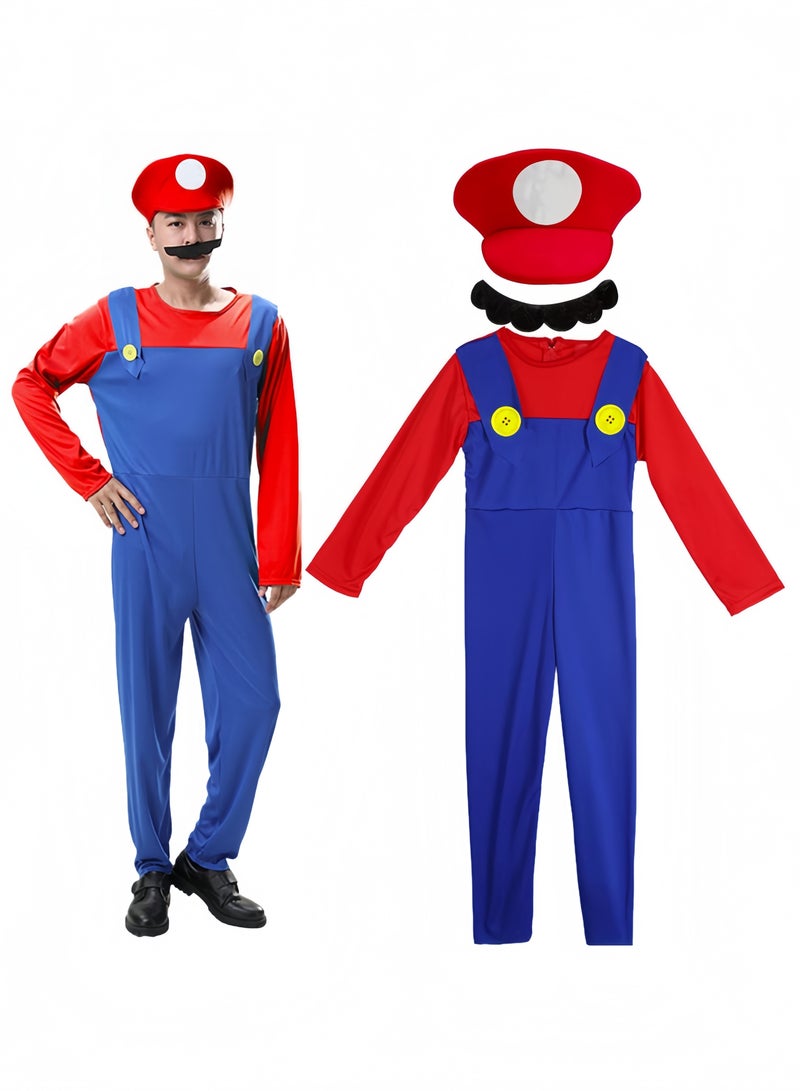 GGEROU Halloween Plumber Costume Outfits for Adult Cosplay Fancy Dress up with Bros Hats Cap Mustaches Mario Costume Luigi Costume Set - Image 1