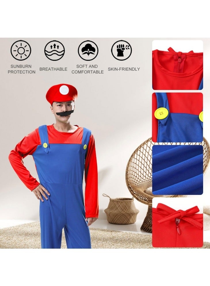 GGEROU Halloween Plumber Costume Outfits for Adult Cosplay Fancy Dress up with Bros Hats Cap Mustaches Mario Costume Luigi Costume Set - Image 3