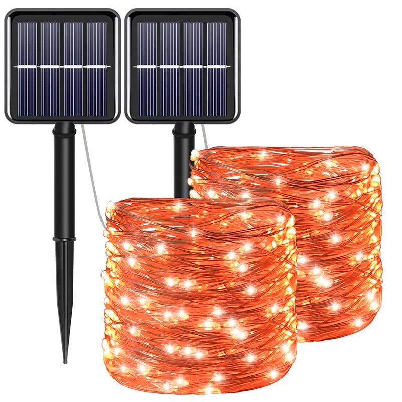YAOZHOU Fall Outdoor Decorations Orange Solar String Lights Outdoor 2Pack Total 200 LED Fairy Fall Lights Thanksgiving Halloween Decor 8 Modes Waterproof for Porch Garden Patio Fence Balcony