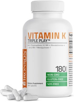 Bronson Vitamin K Triple Play (Vitamin K2 Mk7 / Vitamin K2 Mk4 / Vitamin K1) 180 Capsules  - Image 1