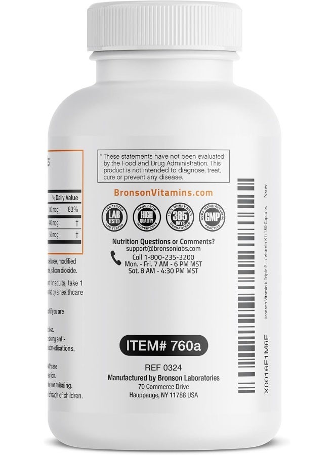 Bronson - Vitamin K Triple Play (Vitamin K2 Mk7 / Vitamin K2 Mk4 / Vitamin K1) 180 Capsules - Image 1