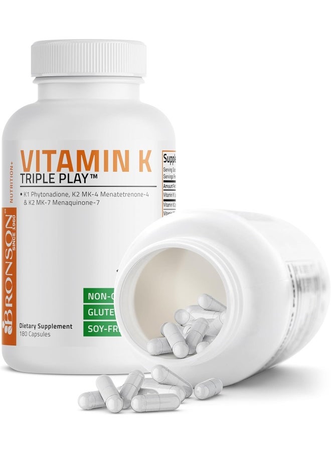 Bronson - Vitamin K Triple Play (Vitamin K2 Mk7 / Vitamin K2 Mk4 / Vitamin K1) 180 Capsules - Image 1