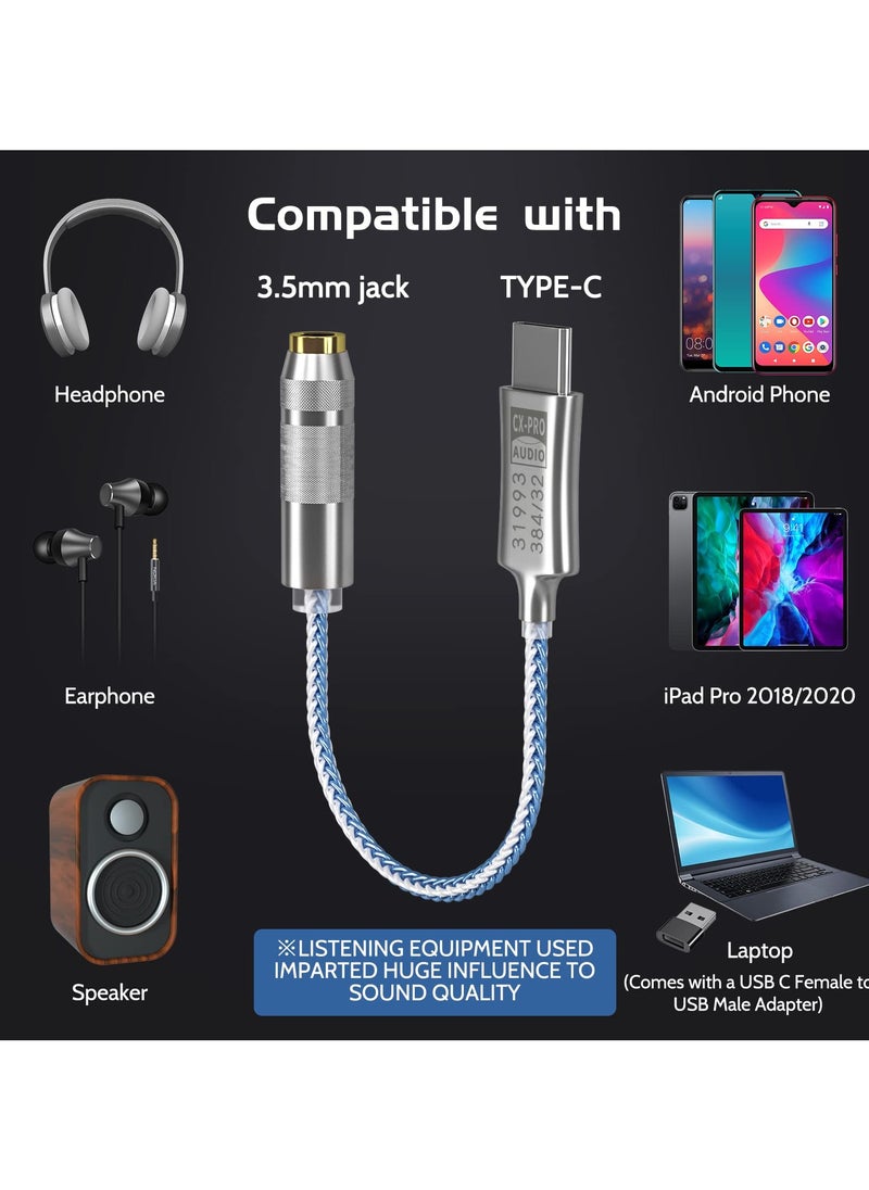 USB C to 3.5mm Audio Adapter Hi-Res Lossless Music CX Pro USB C Headphone Adapter 32bit 384KHz CX31993 DAC Chip Headphone Amp HiFi Headphone Jack Adapter USB C to Headphone Jack for Type C Devices