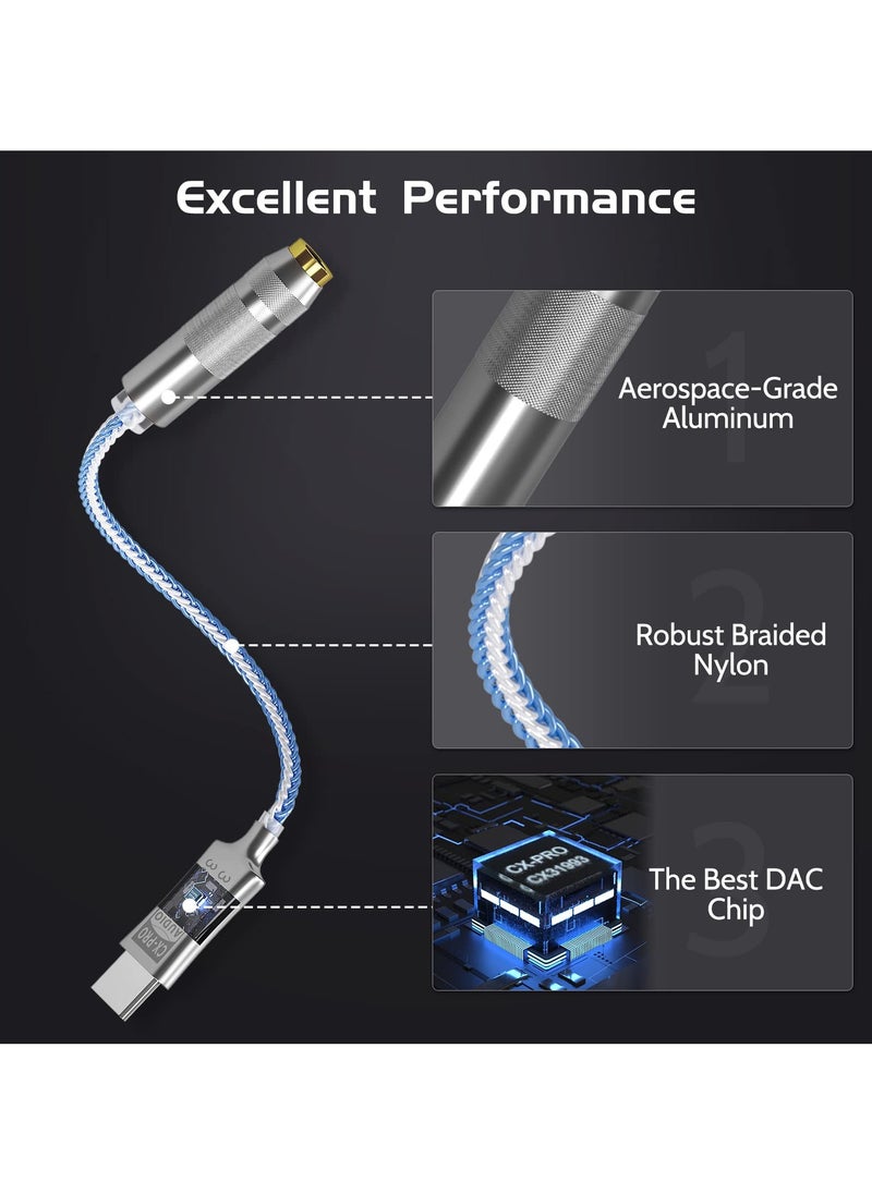 USB C to 3.5mm Audio Adapter Hi-Res Lossless Music CX Pro USB C Headphone Adapter 32bit 384KHz CX31993 DAC Chip Headphone Amp HiFi Headphone Jack Adapter USB C to Headphone Jack for Type C Devices
