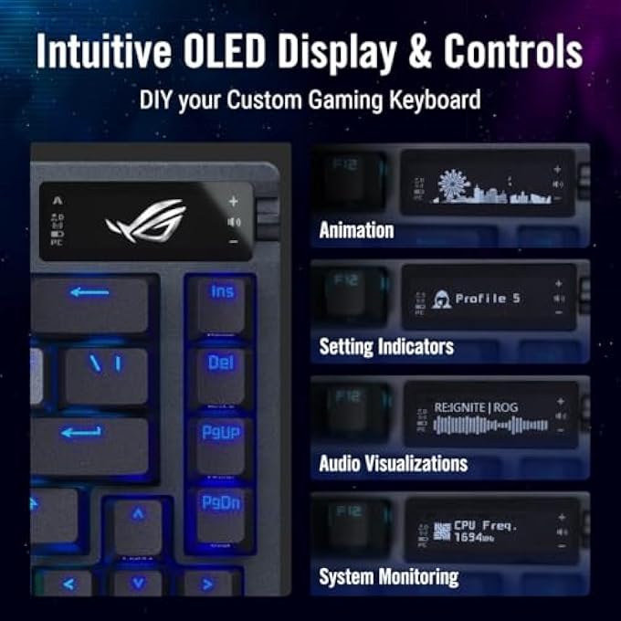 ROG AZOTH 75 WIRELESS DIY CUSTOM GAMING KEYBOARD, OLED DISPLAY, GASKET-MOUNT, THREE-LAYER DAMPENING, HOT-SWAPPABLE PRE-LUBED ROG NX SNOW SWITCHES & KEYBOARD STABILIZERS, PBT KEYCAPS, RGB - Image 3