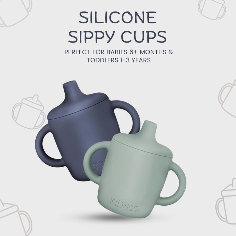 KIDSco. Silicone Sippy Cups (2 Pack) â€“ Soft Spout & Easy Grip Handles for Babies 6+ months, Plastic Free, Toxic Free Silicone, Leak-Resistant, Dishwasher Safe (Green and Midnight Blue) - Image 2