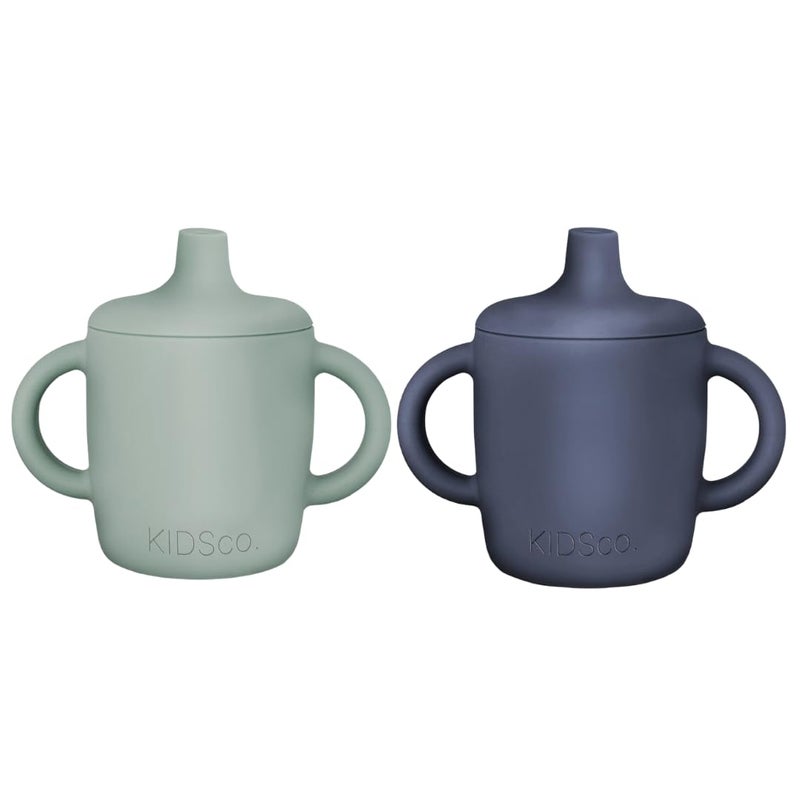 KIDSco. Silicone Sippy Cups (2 Pack) â€“ Soft Spout & Easy Grip Handles for Babies 6+ months, Plastic Free, Toxic Free Silicone, Leak-Resistant, Dishwasher Safe (Green and Midnight Blue) - Image 1
