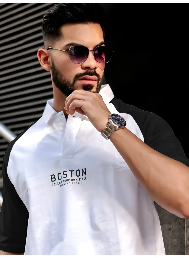 مانياك تيشيرت قطن أوفربلايز رجالي بياقة بولو وأكمام 3/4 مطبوع أبيض وأسود