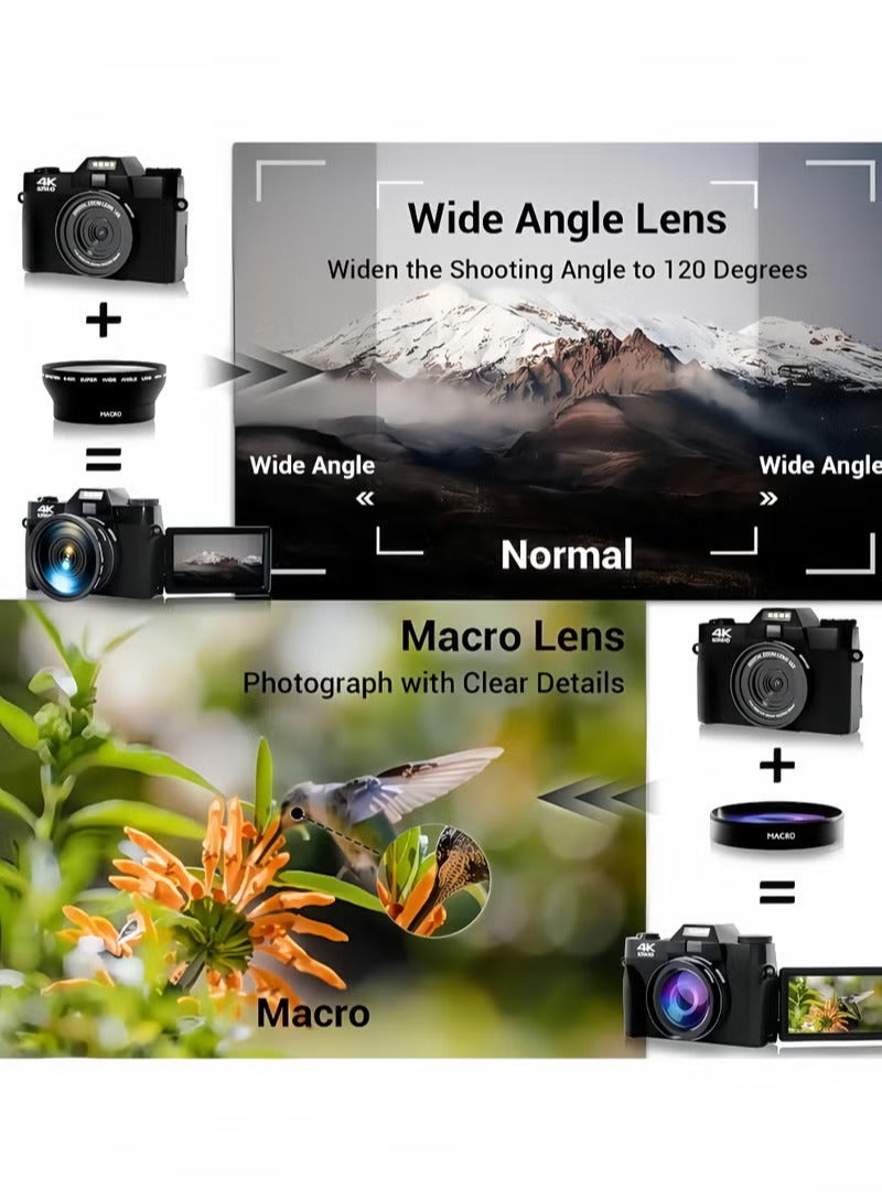 فوميمو 4K للتصوير الضوئي - تركيز تلقائي 56 ميجابكسل - تكبير رقمي 16x - واي فاي - شاشة قابلة للطي 180 درجة (3 إنش) - كاميرات فيديو يوتيوب للطلاب - مع بطارية واحدة وبطاقة ميكرو إس دي 32 جيجابايت - Image 2