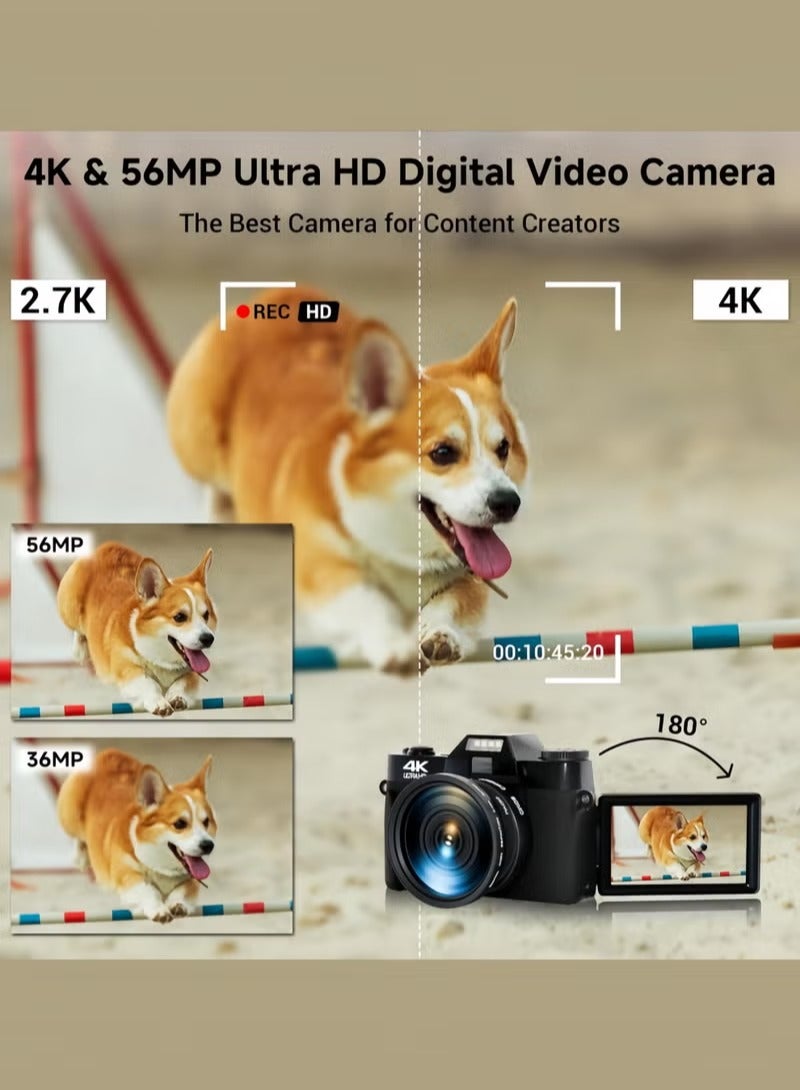 فوميمو 4K للتصوير الضوئي - تركيز تلقائي 56 ميجابكسل - تكبير رقمي 16x - واي فاي - شاشة قابلة للطي 180 درجة (3 إنش) - كاميرات فيديو يوتيوب للطلاب - مع بطارية واحدة وبطاقة ميكرو إس دي 32 جيجابايت - Image 3