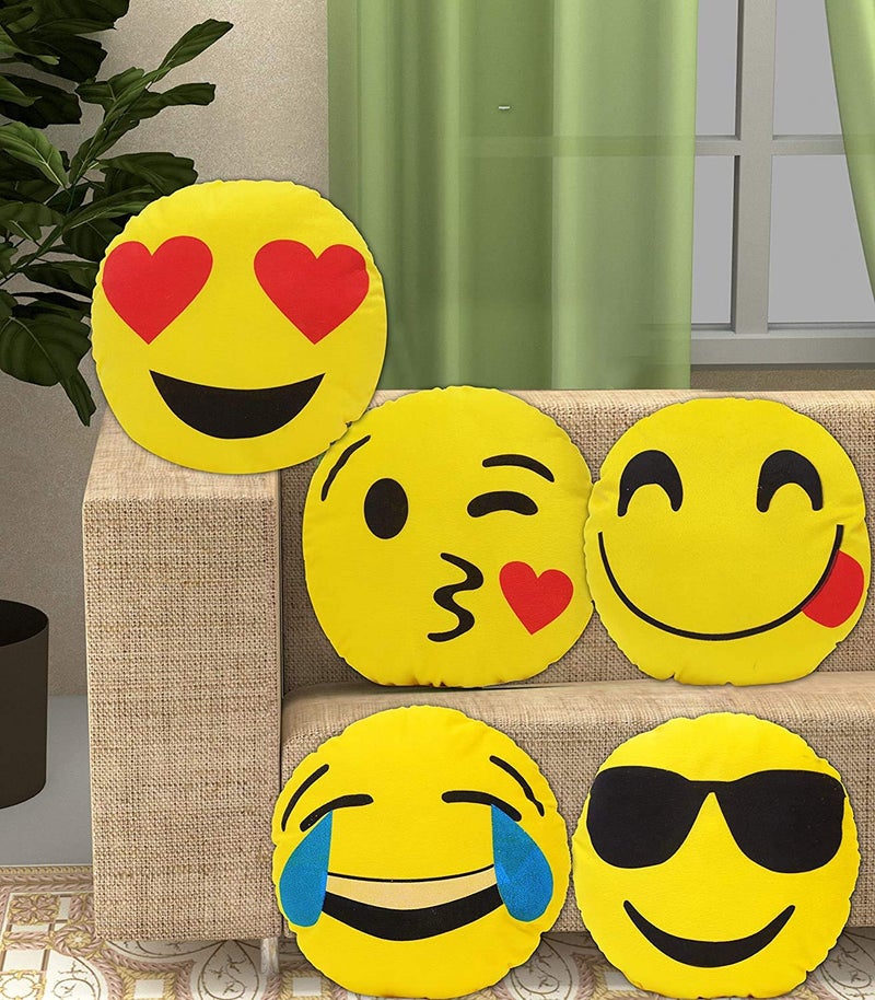 PartyStuff Kids Cartoon Digital Printed Pillow, Soft Fibre Baby Cushion Set of 5 (Emojis, Round, 12x12) - Image 1