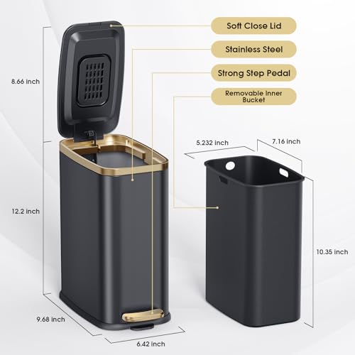 CEROELDA Small Bathroom Trash Can with Lid Soft Close-5L/1.3 Gal Slim Garbage Can-Metal Step Wastebasket-Rectangle Narrow Waste Bin for Office, Bedroom, Toilet, Live Room (Black) - Image 5