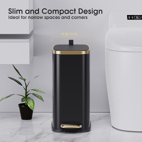 CEROELDA Small Bathroom Trash Can with Lid Soft Close-5L/1.3 Gal Slim Garbage Can-Metal Step Wastebasket-Rectangle Narrow Waste Bin for Office, Bedroom, Toilet, Live Room (Black) - Image 2