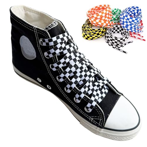 Goodlace Two-color Checkered Flat Shoelaces Plaid Shoe Lace for Casual Shoes 47Inch Black and White - Image 1