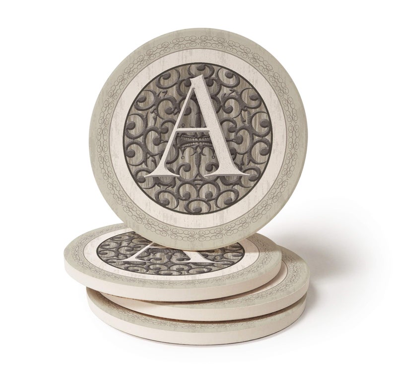 Monogram A Coasters Set of 4 Round Stoneware Coasters Drink Coasters Wedding or Hostess Gifts for Women Or Men Housewarming Gifts or Home Dcor Absorbent with Cork Backing