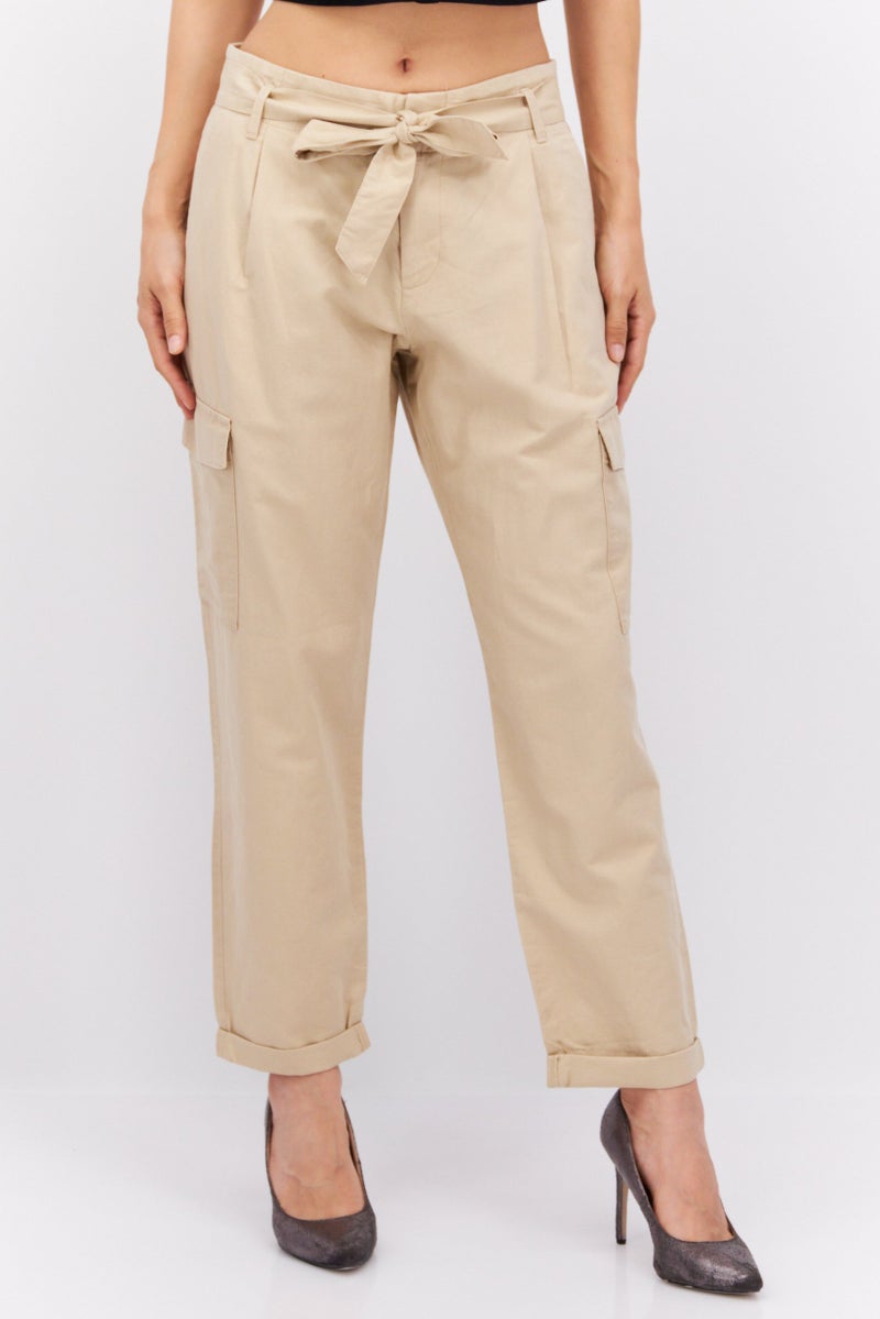 ESPRIT Women Straight Leg Belted Solid Cargo Pants, Tan  - Image 1