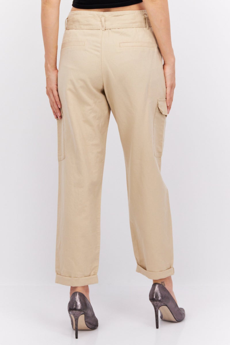 ESPRIT Women Straight Leg Belted Solid Cargo Pants, Tan  - Image 3