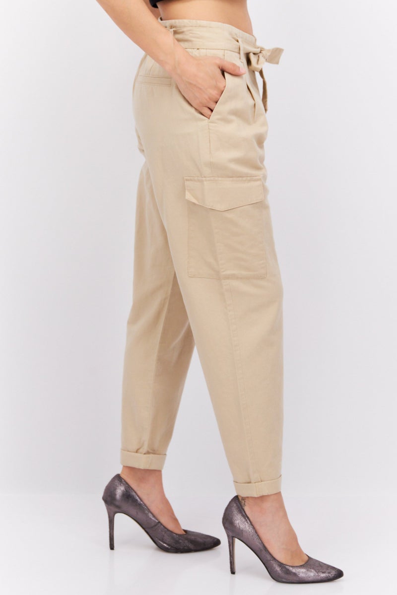 ESPRIT Women Straight Leg Belted Solid Cargo Pants, Tan  - Image 2
