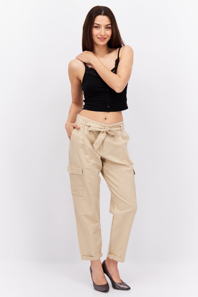 ESPRIT Women Straight Leg Belted Solid Cargo Pants, Tan  - Image 4