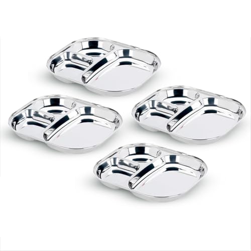 Vinod Stainless Steel 3-Compartment Plate/Heavy Guage Pav Bhaji Plate/Idli Sambhar Breakfast Plate/Stainless Steel Plates for Lunch/Dinner, Set of 04 - Image 1