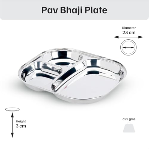 Vinod Stainless Steel 3-Compartment Plate/Heavy Guage Pav Bhaji Plate/Idli Sambhar Breakfast Plate/Stainless Steel Plates for Lunch/Dinner, Set of 04 - Image 2