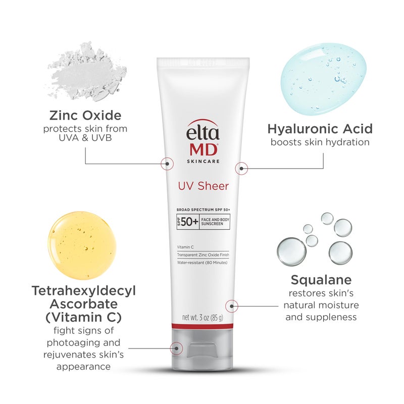 EltaMD UV Sheer Face and Body Sunscreen SPF 50+, Oil Free, No White Cast Sunscreen for Face and Body, Zinc Oxide Formula, 3.0 oz Tube - Image 3