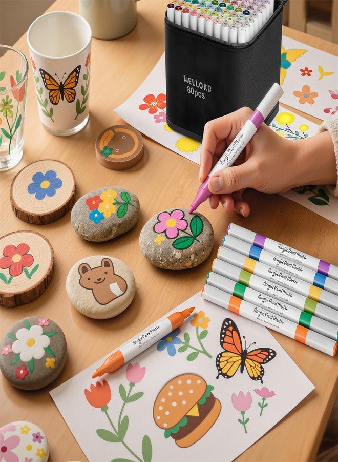 WELLOKB Acrylic Paint Markers,80 Colors Acrylic Markers Dual Tip Paint Pens for Fabric, Painting Rocks,Wood, Glass,Coloring Books,DIY Crafts Art School Supplies,Pumpkin Painting Kit,Christmas Gifts - Image 3