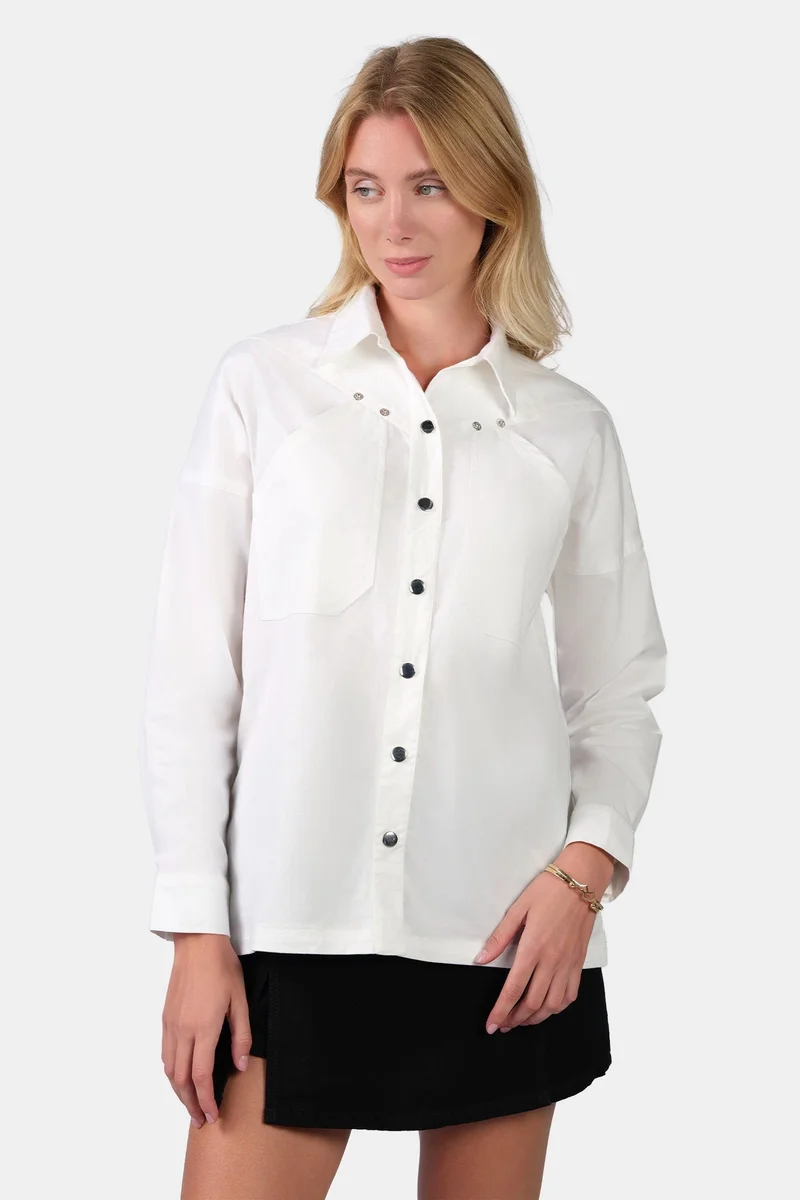 Virgio  Solid Cotton Stretch Oversized Utility Shirt for Women for Women | Best Price UAE